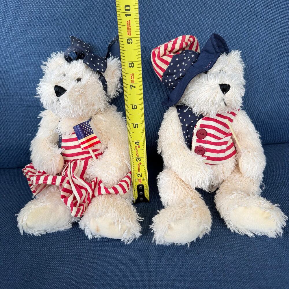 Patriotic White Plush Teddy Bear Pair Anthropomorphic Boy Girl American READ